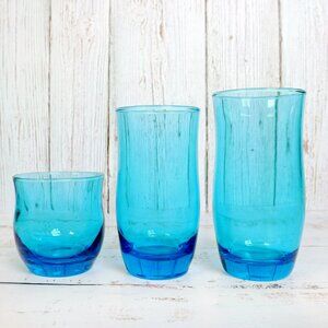 Vintage MCM Drinking Glasses Set (3) Peacock Blue Anchor Hocking Flair Laser